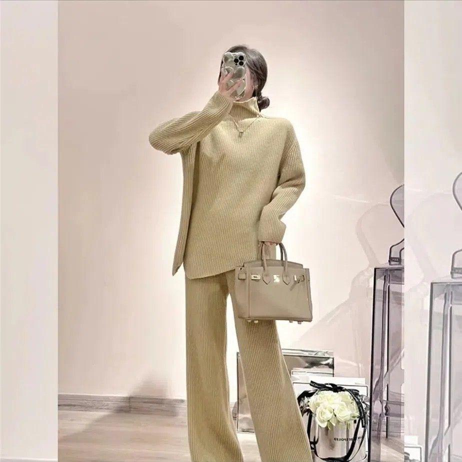 TZ-121701autumn new loose lazy lazy fashion knitted sweater suit thin solid color loose two-piece