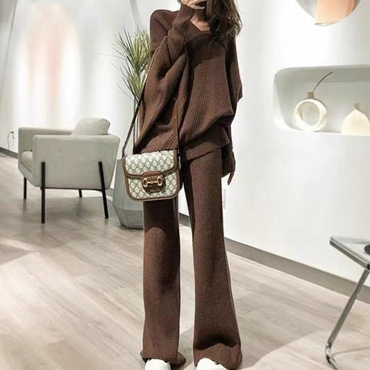 TZ-111607 New autumn and winter new knitted sweater two-piece suit female lazy wind loose casual wide-legged pants set